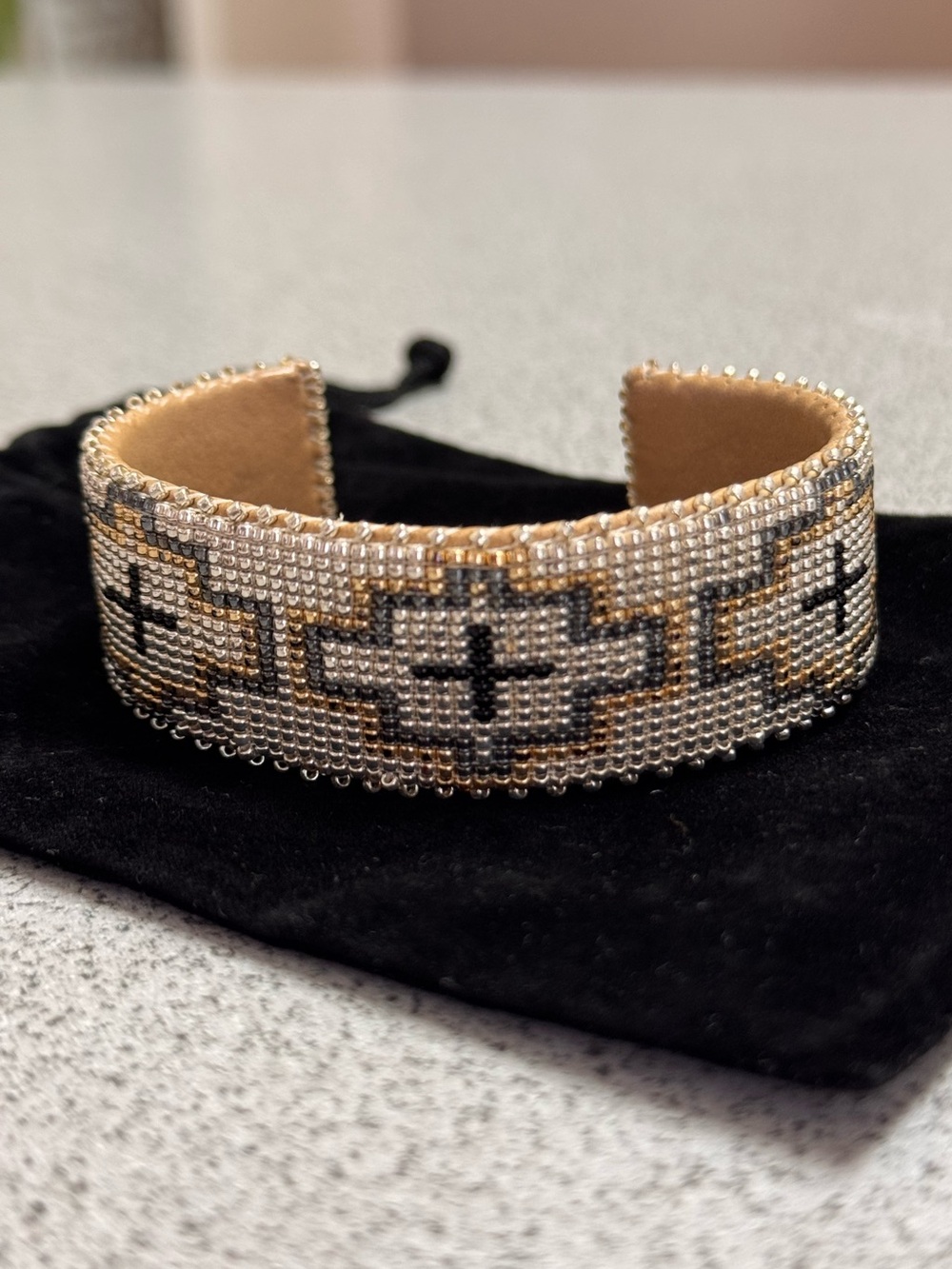 Beaded Neutral Geometric Cuff Bracelet - Tan, Gold & Black